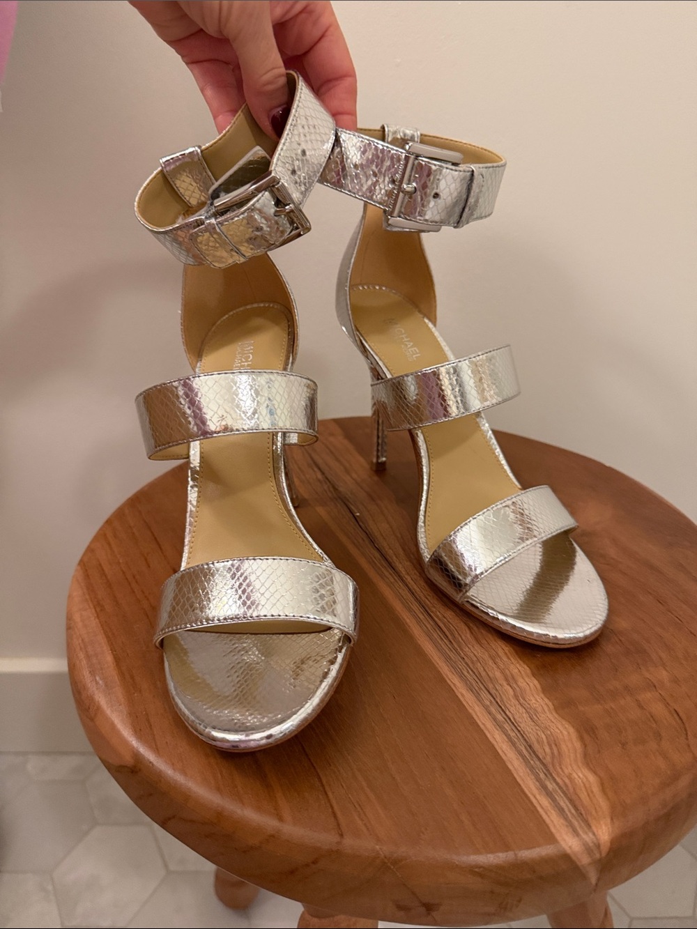 Michael Kors. Silver Metallic Strappy High Heel Sandals